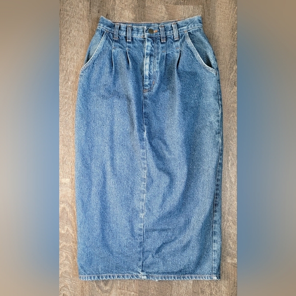 90s Vintg Denim Maxi Skirt Womens 7/8 Med Wash Blue 100% Cotton Fitted w/ Pleate - Picture 6 of 11